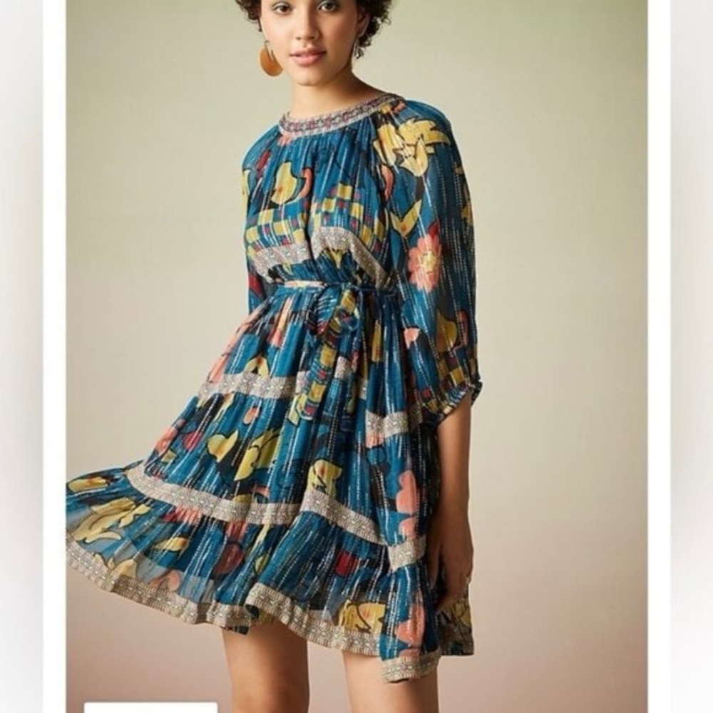 verb Teal Floral Pleated Mini Dress with Tie Waist - Picture 2 of 7